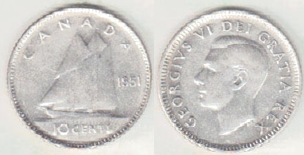 1951 Canada silver 10 Cents A001093
